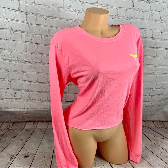 VS PINK Neon Logo Print Long Sleeve Crop Top Pink - Picture 3 of 7